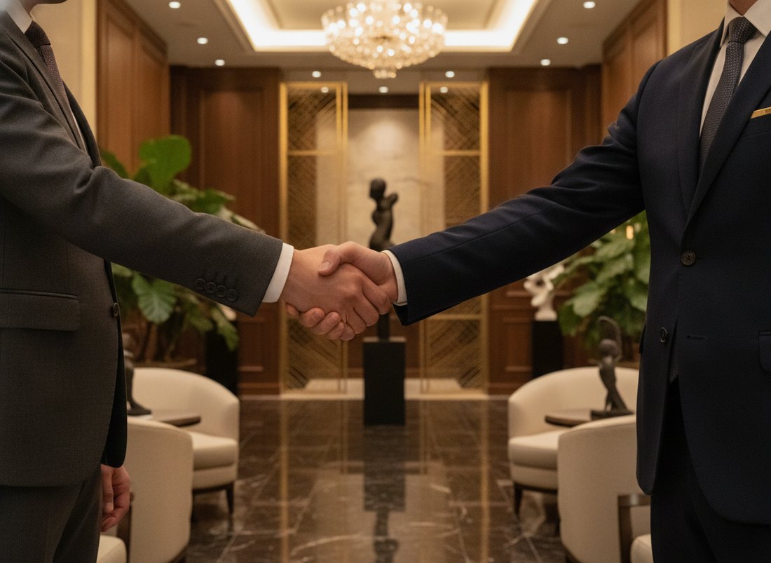 Hotelmanager und Nilo-Decor-Projektleiter beim Handschlag in einer Hotellobby
